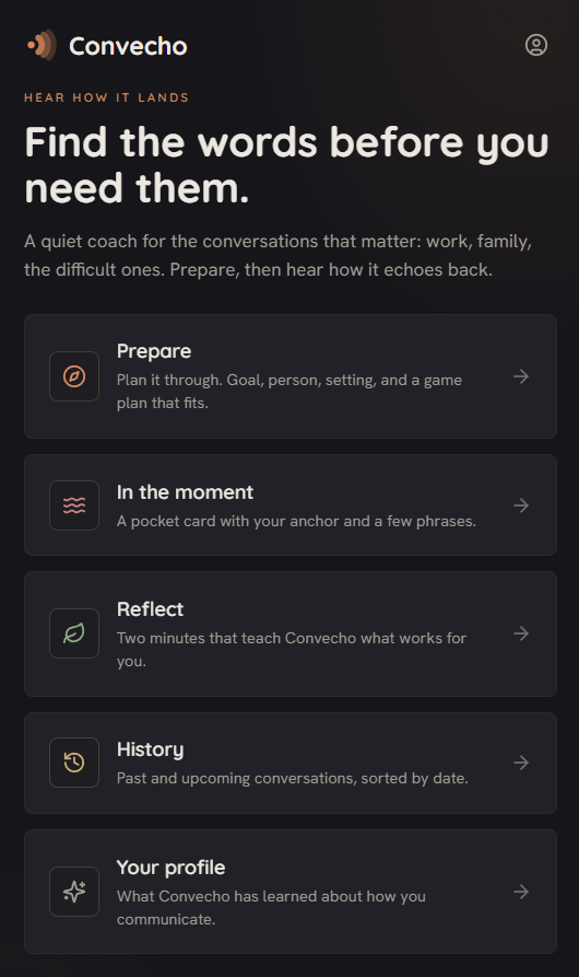 Convecho home screen with Prepare, In the moment, Reflect and profile modes