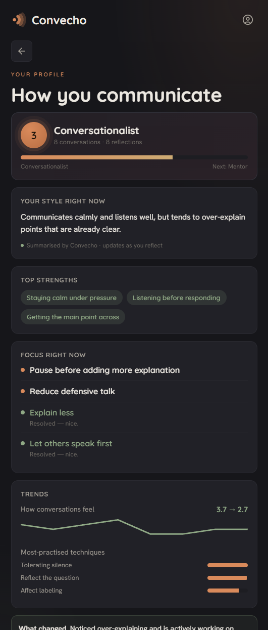 Convecho profile screen showing communication strengths and progress trends